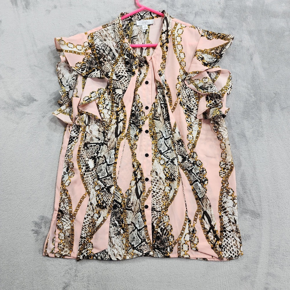NEW Ovi Top Womens M Pink Animal Chain Print High Neck Flutter Sleeve Office - Picture 3 of 11